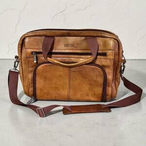Kenneth Cole Reaction Brown Leather Laptop Briefcase Messenger Bag Expandable